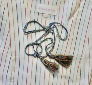 Close up of Kerala dress front with blue tassel tie